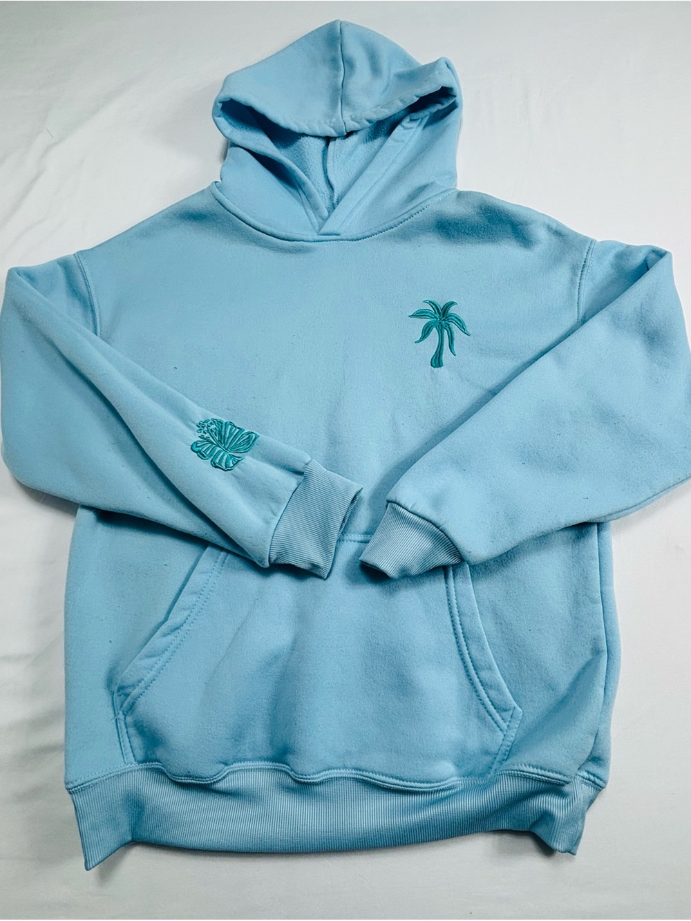 Pink Palm Puff Light Blue Palm Tree Embroidered Hoodie W527